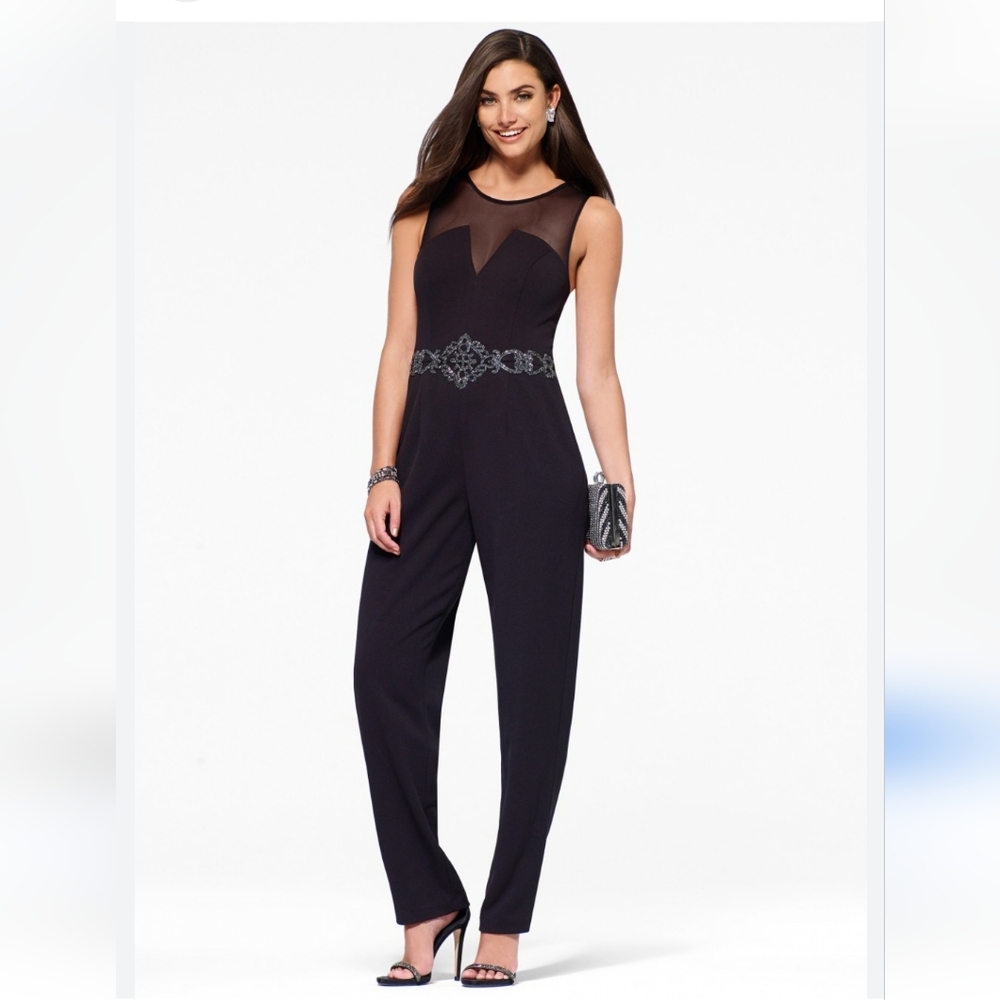 JS Boutique Sleeveless Jumpsuit Black With Gunmetal Stone Accents Size 2